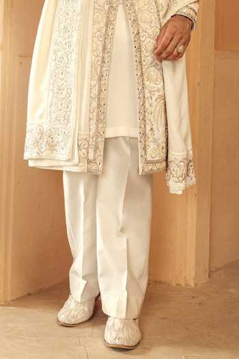 AMIT BEHKI_Ivory Silk, Polyester Hand Embroidered Raw Achkan Set _Online_at_Aza_Fashions