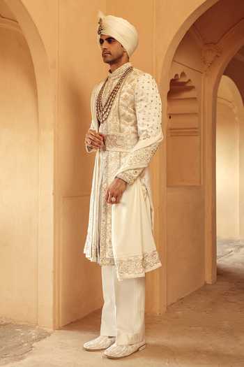 Shop_AMIT BEHKI_Ivory Silk, Polyester Hand Embroidered Raw Achkan Set _Online_at_Aza_Fashions