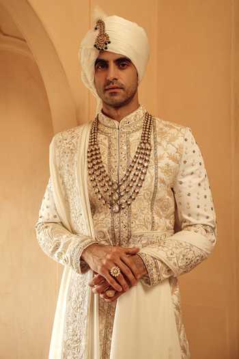 AMIT BEHKI_Ivory Silk, Polyester Hand Embroidered Raw Achkan Set _at_Aza_Fashions