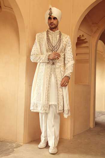Buy_AMIT BEHKI_Ivory Hand Embroidered Silk Stole _at_Aza_Fashions