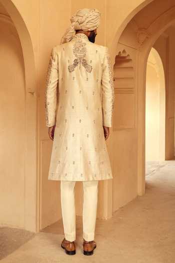 Shop_AMIT BEHKI_Ivory Silk, Polyester Hand Embroidered Raw Achkan Set _at_Aza_Fashions