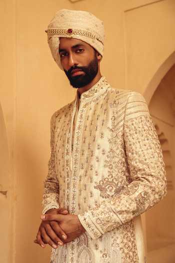 Buy_AMIT BEHKI_Ivory Silk, Polyester Hand Embroidered Raw Achkan Set _Online_at_Aza_Fashions