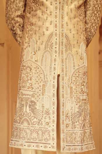 Shop_AMIT BEHKI_Ivory Silk, Polyester Hand Embroidered Raw Achkan Set _Online_at_Aza_Fashions