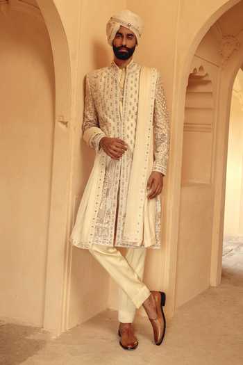 Buy_AMIT BEHKI_Ivory Hand Embroidered Raw Silk Stole _at_Aza_Fashions