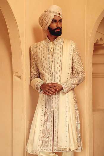 Shop_AMIT BEHKI_Ivory Hand Embroidered Raw Silk Stole _at_Aza_Fashions