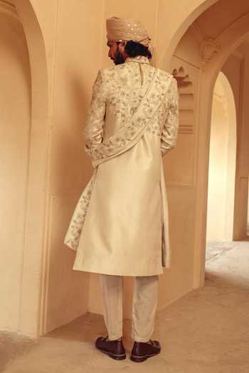 Shop_AMIT BEHKI_Beige Silk Hand Embroidered Raw Achkan Set _at_Aza_Fashions
