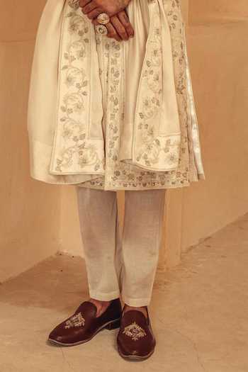 AMIT BEHKI_Beige Silk Hand Embroidered Raw Achkan Set _Online_at_Aza_Fashions