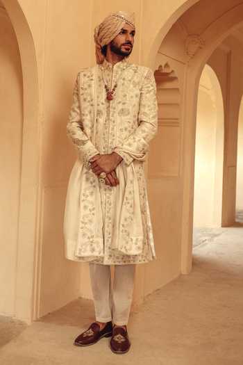Buy_AMIT BEHKI_Beige Silk Hand Embroidered Raw Achkan Set _at_Aza_Fashions