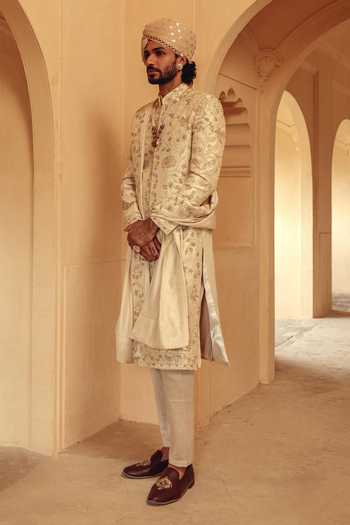 Buy_AMIT BEHKI_Beige Silk Hand Embroidered Raw Achkan Set _Online_at_Aza_Fashions