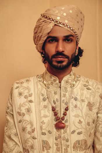 AMIT BEHKI_Beige Silk Hand Embroidered Raw Achkan Set _at_Aza_Fashions