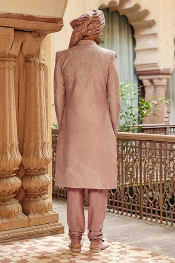 Shop_AMIT BEHKI_Pink Silk, Polyester Raw Embroidered Achkan And Kurta Set _at_Aza_Fashions