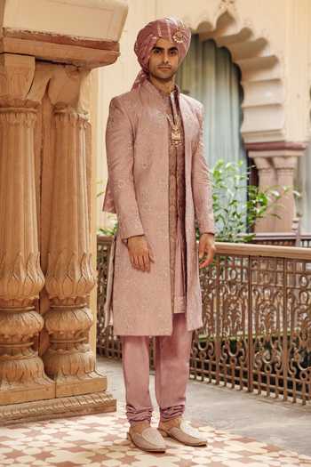Buy_AMIT BEHKI_Pink Silk, Polyester Raw Embroidered Achkan And Kurta Set _Online_at_Aza_Fashions