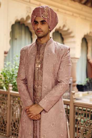 Shop_AMIT BEHKI_Pink Silk, Polyester Raw Embroidered Achkan And Kurta Set _Online_at_Aza_Fashions