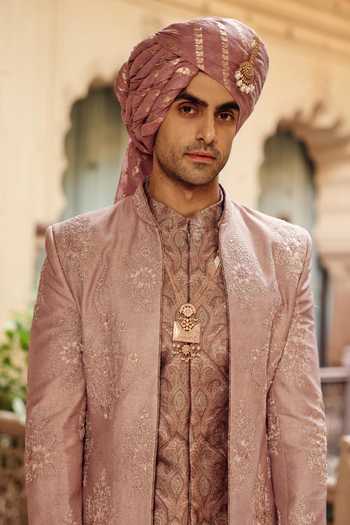 AMIT BEHKI_Pink Silk, Polyester Raw Embroidered Achkan And Kurta Set _at_Aza_Fashions