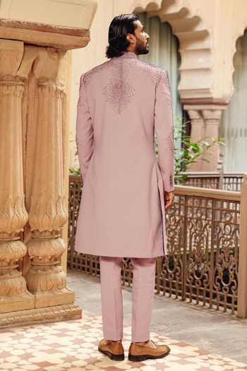 Shop_AMIT BEHKI_Purple Silk Hand Embroidered Raw Achkan _at_Aza_Fashions