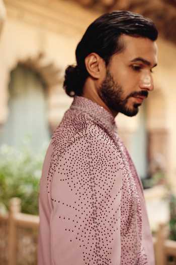 Buy_AMIT BEHKI_Purple Silk Hand Embroidered Raw Achkan _Online_at_Aza_Fashions