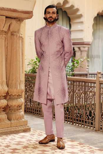 Buy_AMIT BEHKI_Purple Silk Hand Embroidered Raw Achkan _at_Aza_Fashions