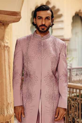 Shop_AMIT BEHKI_Purple Silk Hand Embroidered Raw Achkan _Online_at_Aza_Fashions
