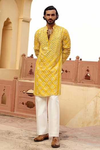 Buy_AMIT BEHKI_Yellow Silk Mirror Work Kurta Set _Online_at_Aza_Fashions