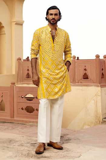 Buy_AMIT BEHKI_Yellow Silk Mirror Work Kurta Set _at_Aza_Fashions