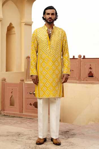 Shop_AMIT BEHKI_Yellow Silk Mirror Work Kurta Set _Online_at_Aza_Fashions