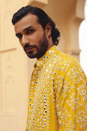 AMIT BEHKI_Yellow Silk Mirror Work Kurta Set _at_Aza_Fashions