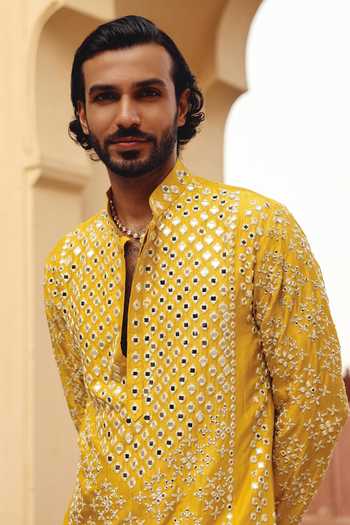 Shop_AMIT BEHKI_Yellow Silk Mirror Work Kurta Set 