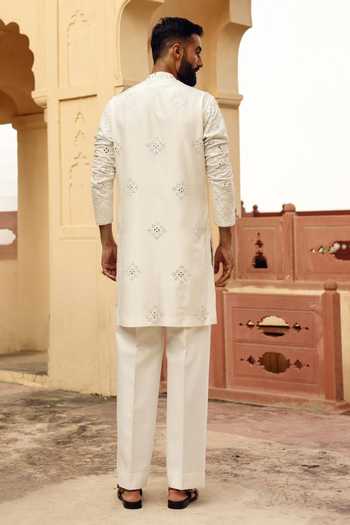 Shop_AMIT BEHKI_Ivory Silk, Polyester Mirror Embroidered Kurta And Pant Set _at_Aza_Fashions