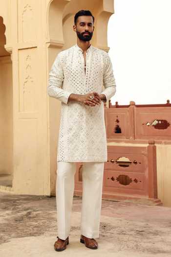 Buy_AMIT BEHKI_Ivory Silk, Polyester Mirror Embroidered Kurta And Pant Set _at_Aza_Fashions