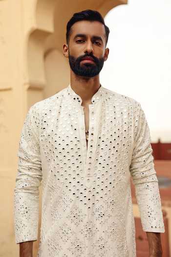 Shop_AMIT BEHKI_Ivory Silk, Polyester Mirror Embroidered Kurta And Pant Set _Online_at_Aza_Fashions