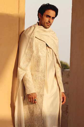 Shop_AMIT BEHKI_Ivory Hand Embroidered Silk Stole _at_Aza_Fashions