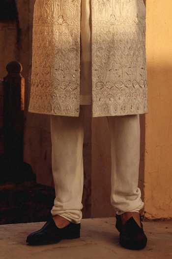 AMIT BEHKI_Ivory Silk, Polyester Hand Embroidered Raw Achkan Set _Online_at_Aza_Fashions