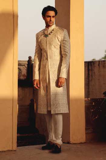 Buy_AMIT BEHKI_Ivory Silk, Polyester Hand Embroidered Raw Achkan Set _Online_at_Aza_Fashions