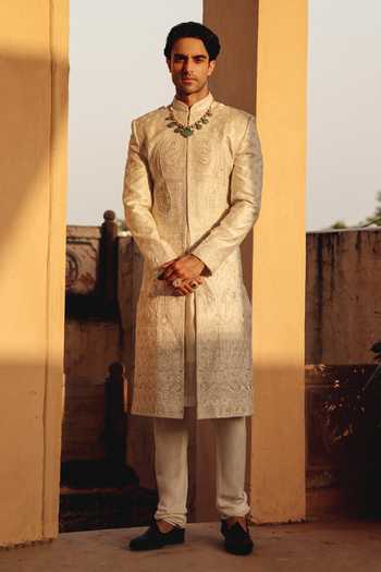 Buy_AMIT BEHKI_Ivory Silk, Polyester Hand Embroidered Raw Achkan Set _at_Aza_Fashions