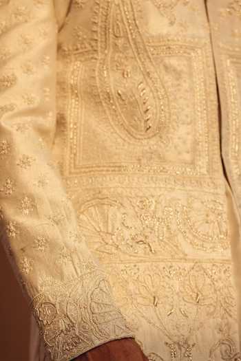 Shop_AMIT BEHKI_Ivory Silk, Polyester Hand Embroidered Raw Achkan Set _Online_at_Aza_Fashions