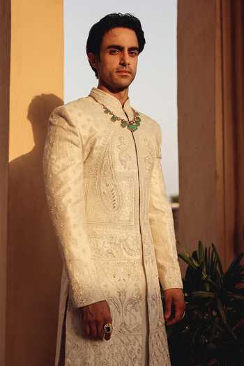 AMIT BEHKI_Ivory Silk, Polyester Hand Embroidered Raw Achkan Set _at_Aza_Fashions