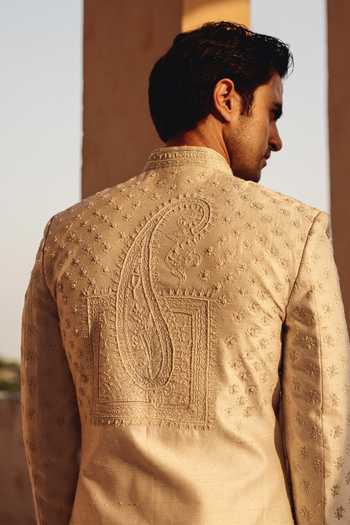 Buy_AMIT BEHKI_Ivory Silk, Polyester Hand Embroidered Raw Achkan Set 