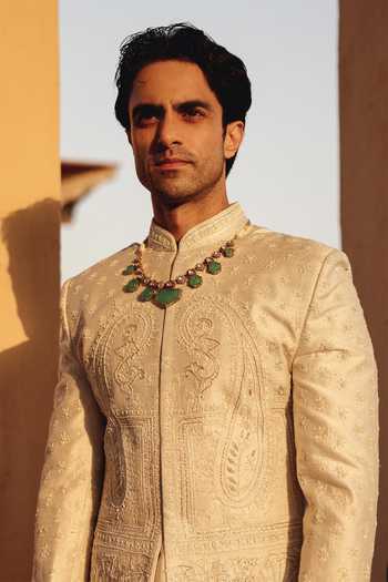 Shop_AMIT BEHKI_Ivory Silk, Polyester Hand Embroidered Raw Achkan Set 