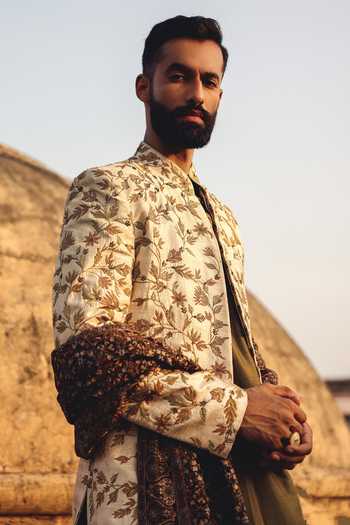 AMIT BEHKI_Ivory Pashmina Hand Embroidered Sherwani Set _Online_at_Aza_Fashions