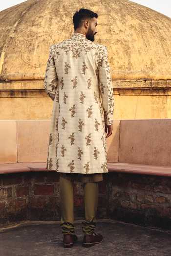Shop_AMIT BEHKI_Ivory Pashmina Hand Embroidered Sherwani Set _at_Aza_Fashions