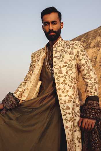 Shop_AMIT BEHKI_Ivory Pashmina Hand Embroidered Sherwani Set _Online_at_Aza_Fashions