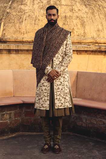Shop_AMIT BEHKI_Brown Hand Embroidered Pashmina Stole _at_Aza_Fashions