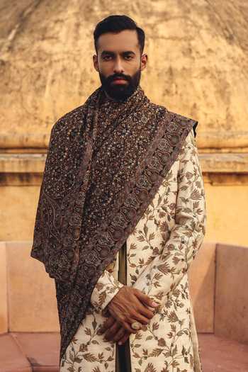 Buy_AMIT BEHKI_Brown Hand Embroidered Pashmina Stole _at_Aza_Fashions