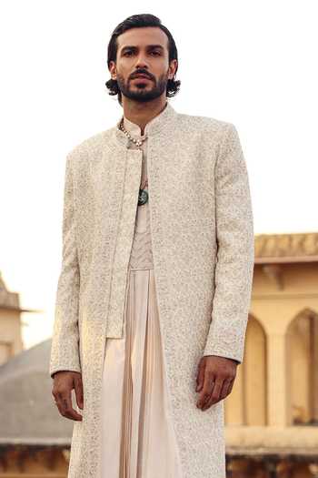 Buy_AMIT BEHKI_Ivory Pashmina Hand Embroidered Sherwani Set _Online_at_Aza_Fashions