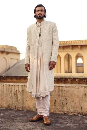 Buy_AMIT BEHKI_Ivory Pashmina Hand Embroidered Sherwani Set _at_Aza_Fashions