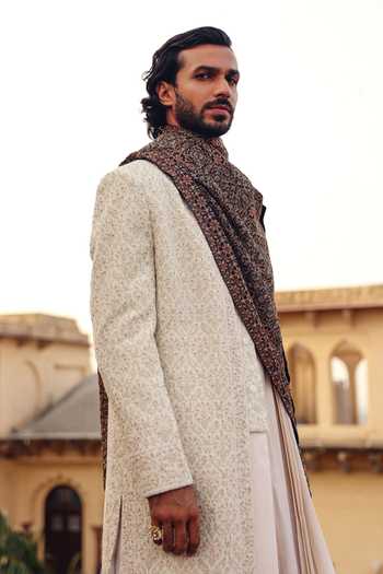 AMIT BEHKI_Brown Hand Embroidered Pashmina Stole _Online_at_Aza_Fashions