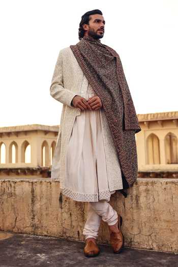 Shop_AMIT BEHKI_Brown Hand Embroidered Pashmina Stole _at_Aza_Fashions