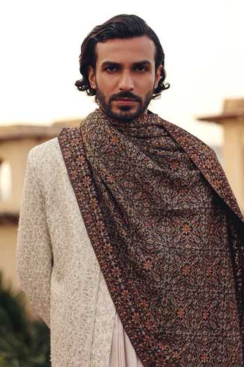 Buy_AMIT BEHKI_Brown Hand Embroidered Pashmina Stole _Online_at_Aza_Fashions