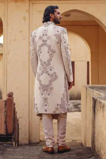 Shop_AMIT BEHKI_Ivory Silk Hand Embroidered Raw Sherwani Set _at_Aza_Fashions