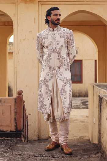 Buy_AMIT BEHKI_Ivory Silk Hand Embroidered Raw Sherwani Set _Online_at_Aza_Fashions